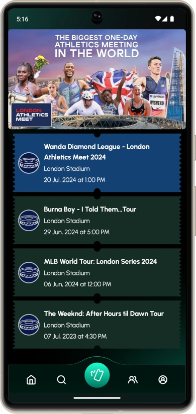 The TX.IS app on a phone, showing a wallet of tickets for events at London Stadium.