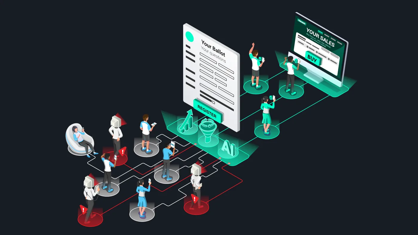 Illustration: genuine fans passing through a ballot and ticket sales funnel, while bots are filtered out.
