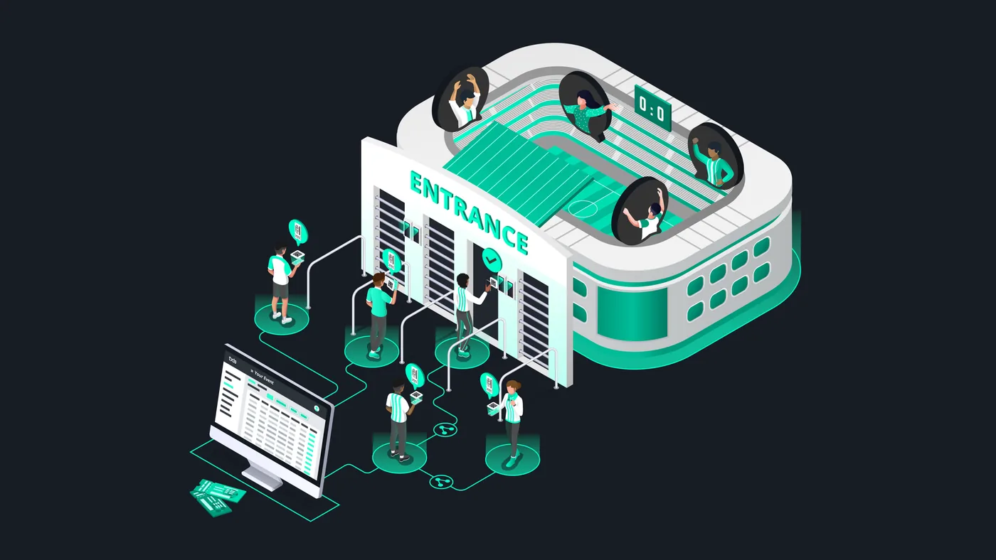 Illustration: fans entering a stadium by presenting mobile tickets at turnstiles, with ticket data flowing to an organiser dashboard.
